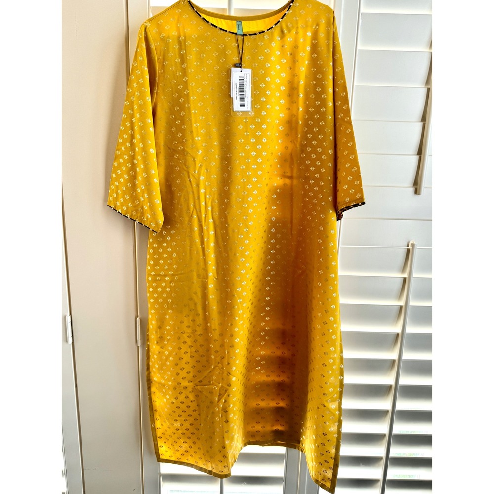 Janasya Mustard Yellow Gold Foil Kurta Pant Set Indian Ethnic Wear 3XL NEW